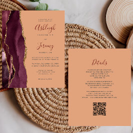 Budget Burgundy Gold Peach QR Code Hochzeit einlad