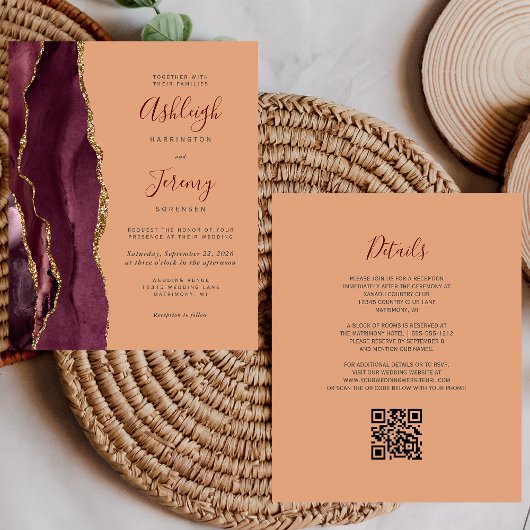 Budget Burgundy Gold Peach QR Code Hochzeit einlad