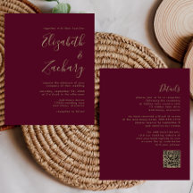Budget Burgundy Gold QR Code Hochzeit einladen