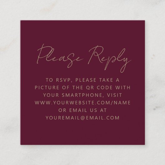 Budget Burgundy Gold Script Wedding QR Code UAWG Begleitkarte (Vorderseite)