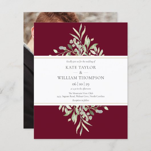 Budget Burgundy Greenery Wedding Foto Einladung (Vorne/Hinten)