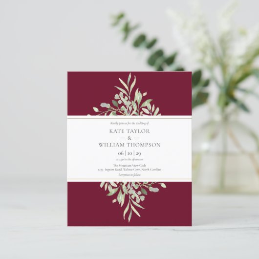 Budget Burgundy Greenery Wedding Foto Einladung (Stehend Vorderseite)