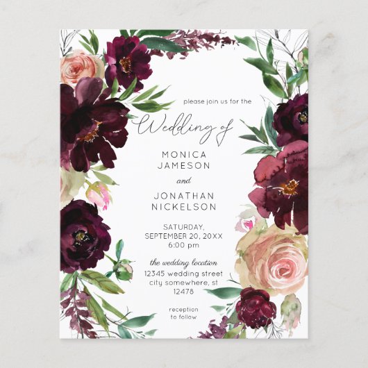 Budget Burgundy & Light Blush Pink Floral Wedding Flyer (Vorne)