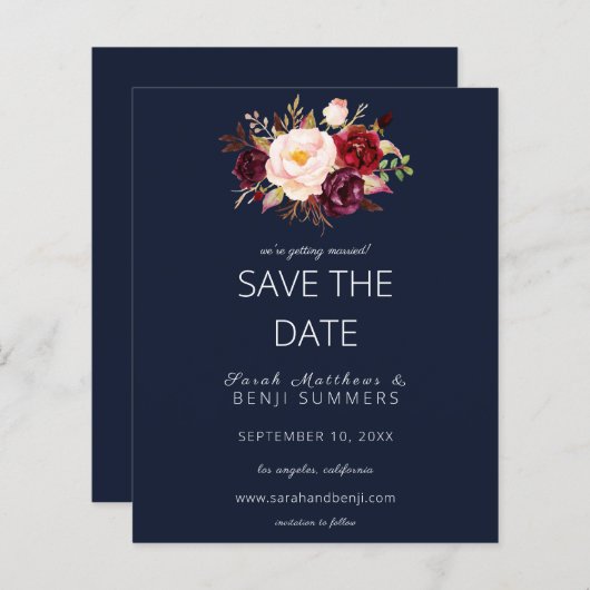 Budget Burgundy Marsa Floral Save the Date - Blau (Vorne/Hinten)