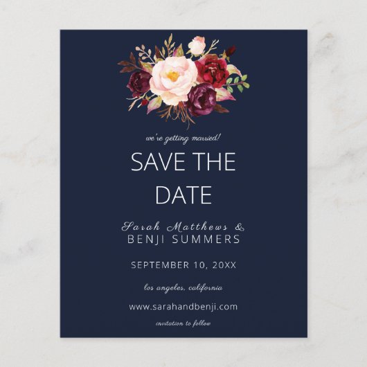 Budget Burgundy Marsa Floral Save the Date - Blau Flyer (Vorne)