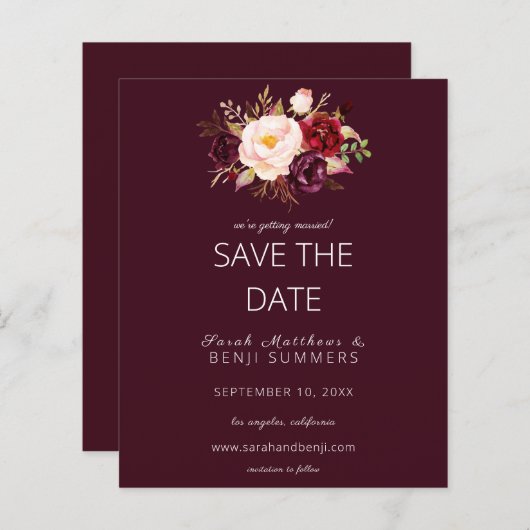 Budget Burgundy Marsa Floral Save the Date - Rot (Vorne/Hinten)