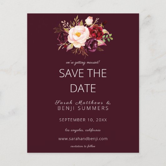 Budget Burgundy Marsa Floral Save the Date - Rot Flyer (Vorne)