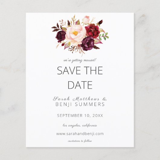 Budget Burgundy Marsa Floral Save the Date - weiß Flyer (Vorne)