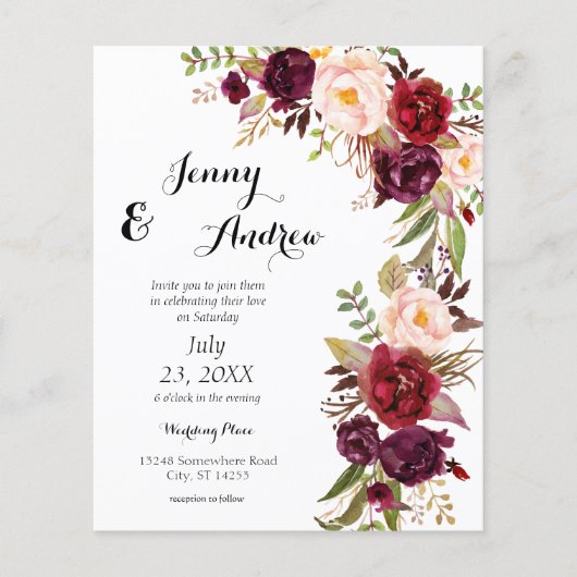 Budget Burgundy Marsala Floral 2 Wedding Flyer (Vorne)