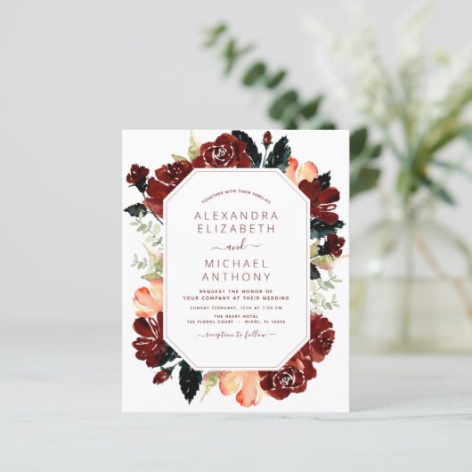 Budget Burgundy Navy Blue Floral Wedding Elegant (Stehend Vorderseite)