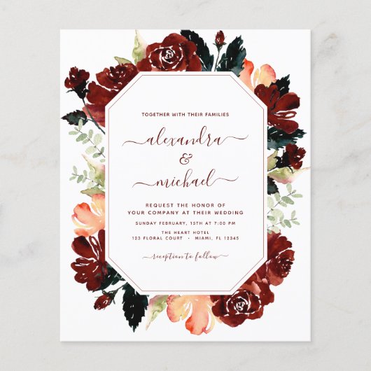 Budget Burgundy Navy Blue Floral Wedding Elegant Flyer (Vorne)