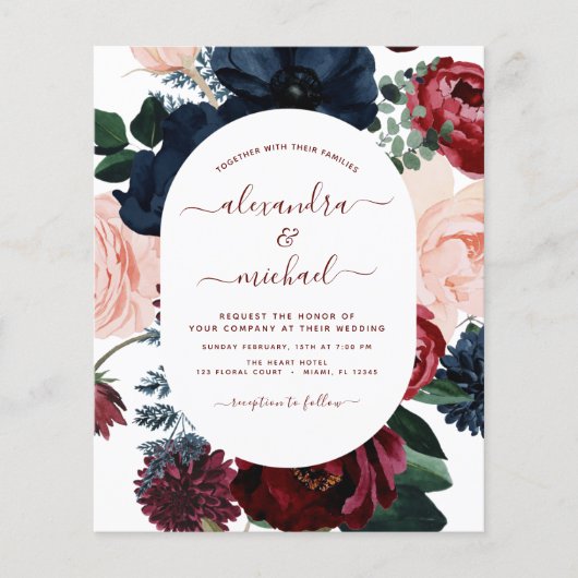 Budget Burgundy Navy Blue Floral Wedding Flyer (Vorne)
