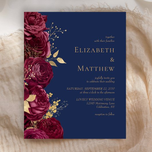Budget Burgundy Navy Blue Floral Wedite Einladung
