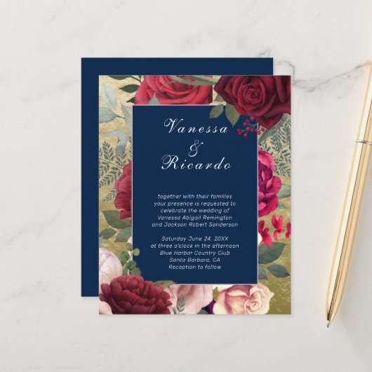 Budget Burgundy Navy Blue Wedding Einladung (Vorderseite/Rückseite Beispiel)