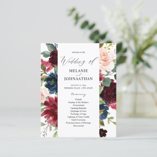 Budget Burgundy Navy Pink Floral Wedding Programm (Stehend Vorderseite)
