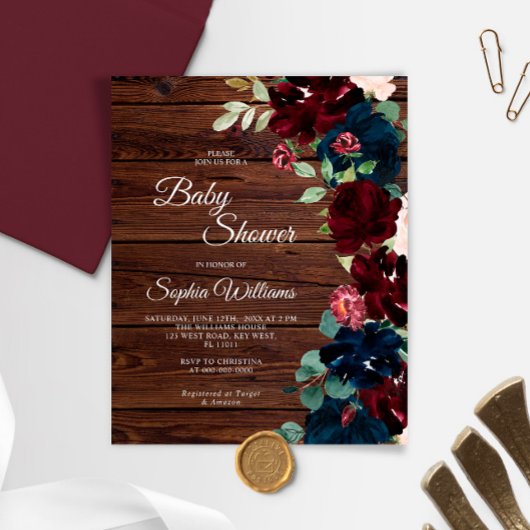 Budget Burgundy & Navy Wood Baby Shower Invitation