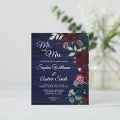 Budget Burgundy & Navy Wood Wedding Einladung (Stehend Vorderseite)