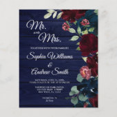 Budget Burgundy & Navy Wood Wedding Einladung (Vorderseite)