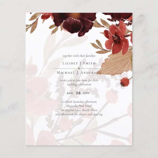 Budget Burgundy Orange Fall Floral Wedding Flyer (Vorne)