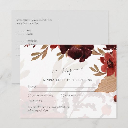 Budget Burgundy Orange Fall Floral Wedding Postkarte (Vorne/Hinten)