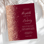 Budget Burgundy Peach Glitzer Einladung Hochzeit<br><div class="desc">Die links Kulisse dieser eleganten,  modernen Hochzeitseinladung besticht durch einen Glitzer mit Pfirsichfarben und Imitaten. Der anpassbare Text kombiniert blasspfirsichfarbene Handschrift,  Copperplate und kursiv Schriftart auf bordeauxrotem Hintergrund. Auf der Rückseite befindet sich ein passender Glitzer für Pfirsichfarben und Bordeaux.</div>