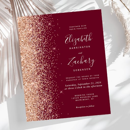 Budget Burgundy Peach Glitzer Einladung Hochzeit