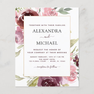 Budget Burgundy Pink Blues Hochzeit Einladung Flyer