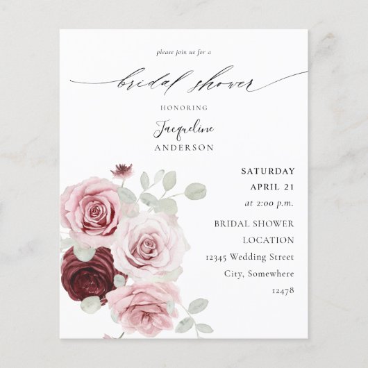 Budget Burgundy & Pink Ele Floral Brautparty Flyer (Vorne)