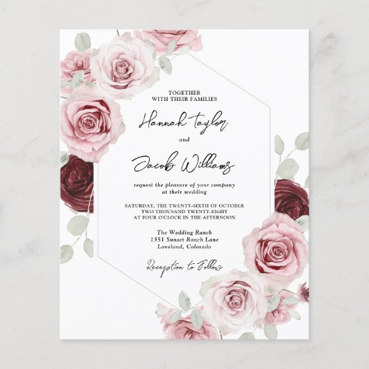 Budget Burgundy Pink Floral QR Code Hochzeit einla (Vorderseite)