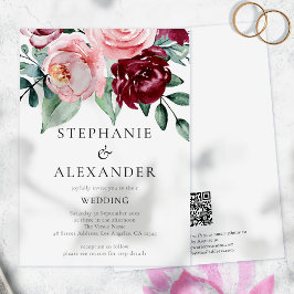 Budget Burgundy Pink Floral QR Code Hochzeit einla