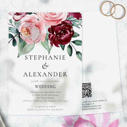 Budget Burgundy Pink Floral QR Code Hochzeit einla