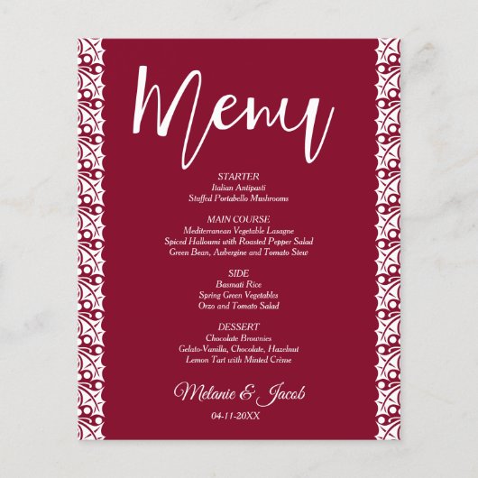 Budget Burgundy Red Elegant Wedding Menu (Vorderseite)