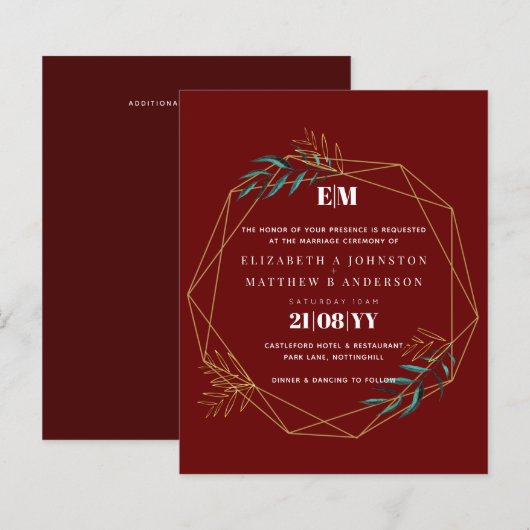 Budget Burgundy Red Gold Geometric Wedding Einladu (Vorne/Hinten)
