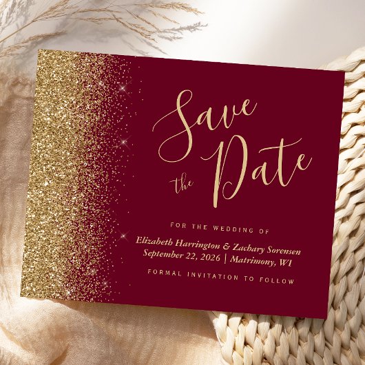 Budget Burgundy Red Gold Glitzer Save the Date