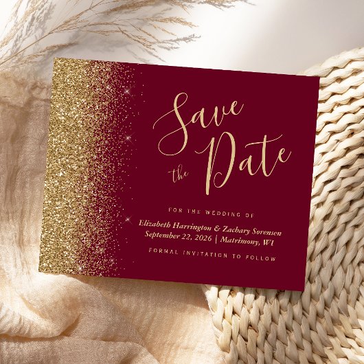 Budget Burgundy Red Gold Glitzer Save the Date
