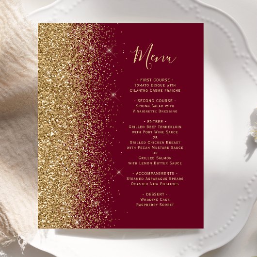 Budget Burgundy Red Gold Glitzer Wedding Menu