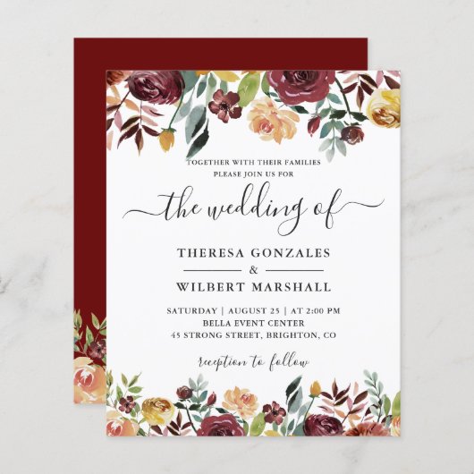 Budget Burgundy Red Orange Floral Wedings Einladun (Vorne/Hinten)