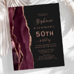Budget Burgundy Rose Gold Agate Dark 50. Geburtsta<br><div class="desc">Die links Kulisse dieses eleganten,  modernen 50. Geburtstagsfeiers besticht durch eine bordeauxfarbene Aquarellgrenze,  die mit dem Glitzer der Rose Gold Imitats bestickt wurde. Der anpassbare Text kombiniert Rose-farbene Handschrift,  Copperplate und kursiv Schriftart auf einem schwarzen Hintergrund. Auf der Rückseite ist ein passendes Bordeaux- und Rose-Gold-Agate-Design.</div>