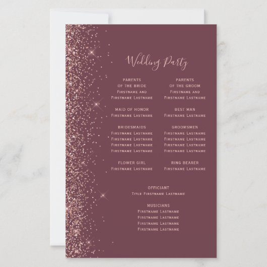 Budget Burgundy Rose Gold Glitter Wedding Program (Rückseite)