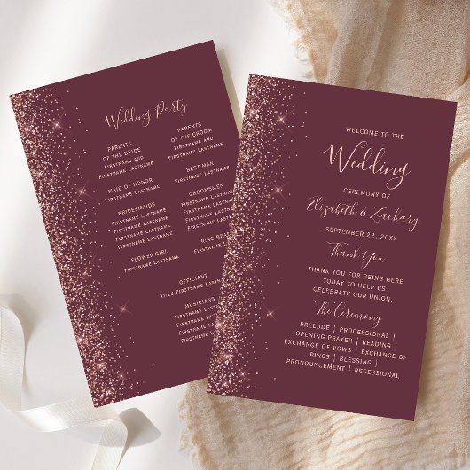 Budget Burgundy Rose Gold Glitter Wedding Program