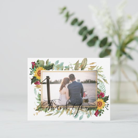 Budget Burgundy Rose Sonnenblumen Danke FOTO Postkarte (Stehend Vorderseite)