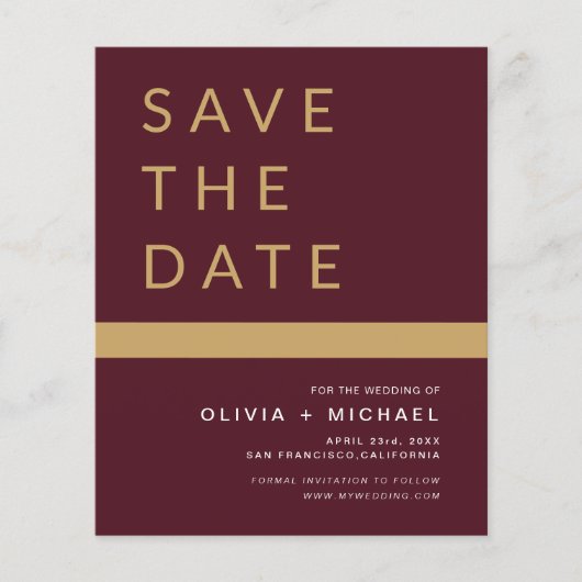 Budget Burgundy Save the Date Elegant Gold (Vorderseite)