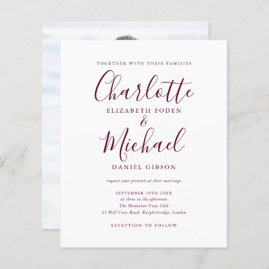 Budget Burgundy Script Foto Hochzeit Einladung (Vorne/Hinten)