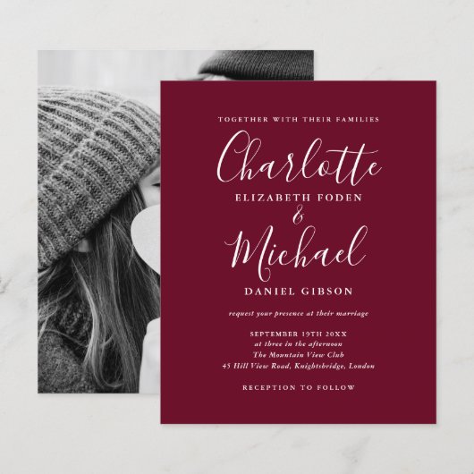 Budget Burgundy Script Foto Hochzeit Einladung (Vorne/Hinten)
