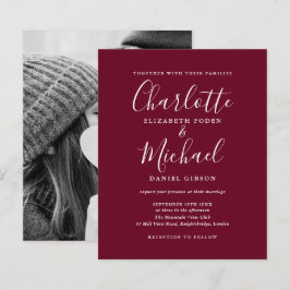 Budget Burgundy Script Foto Hochzeit Einladung