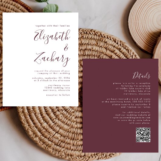 Budget Burgundy Script QR Code Einladung Hochzeit