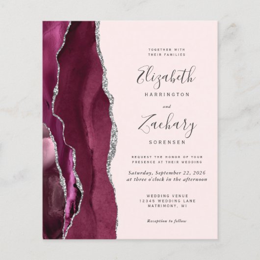Budget Burgundy Silver Agate Blush Wedding Invite (Vorderseite)