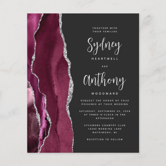 Budget Burgundy Silver Agate Calligrafy Wedding (Vorderseite)