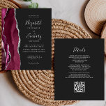 Budget Burgundy Silver Agate Dark QR Code Hochzeit<br><div class="desc">Der links Rand dieser eleganten,  modernen Hochzeitseinladung besticht durch einen bordeauxroten,  mit silberfarbenem Imitat-Glitzer bestickten Aquarellrand. Der anpassbare Text kombiniert silbergraue Handschrift,  Kupferplatte und kursiv Schriftart auf einem schwarzen Hintergrund. Fügen Sie zusätzliche Details auf der Rückseite,  zusammen mit einem QR-Code,  um Ihren Gästen zu helfen,  besuchen Sie Ihre Hochzeitswebsite.</div>