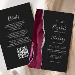 Budget Burgundy Silver Agate Dark QR Code Hochzeit<br><div class="desc">Der links Rand dieser eleganten,  modernen Hochzeitseinladung besticht durch einen bordeauxroten,  mit silberfarbenem Imitat-Glitzer bestickten Aquarellrand. Der anpassbare Text kombiniert silbergraue Handschrift,  Kupferplatte und kursiv Schriftart auf einem schwarzen Hintergrund. Fügen Sie zusätzliche Details auf der Rückseite,  zusammen mit einem QR-Code,  um Ihren Gästen zu helfen,  besuchen Sie Ihre Hochzeitswebsite.</div>